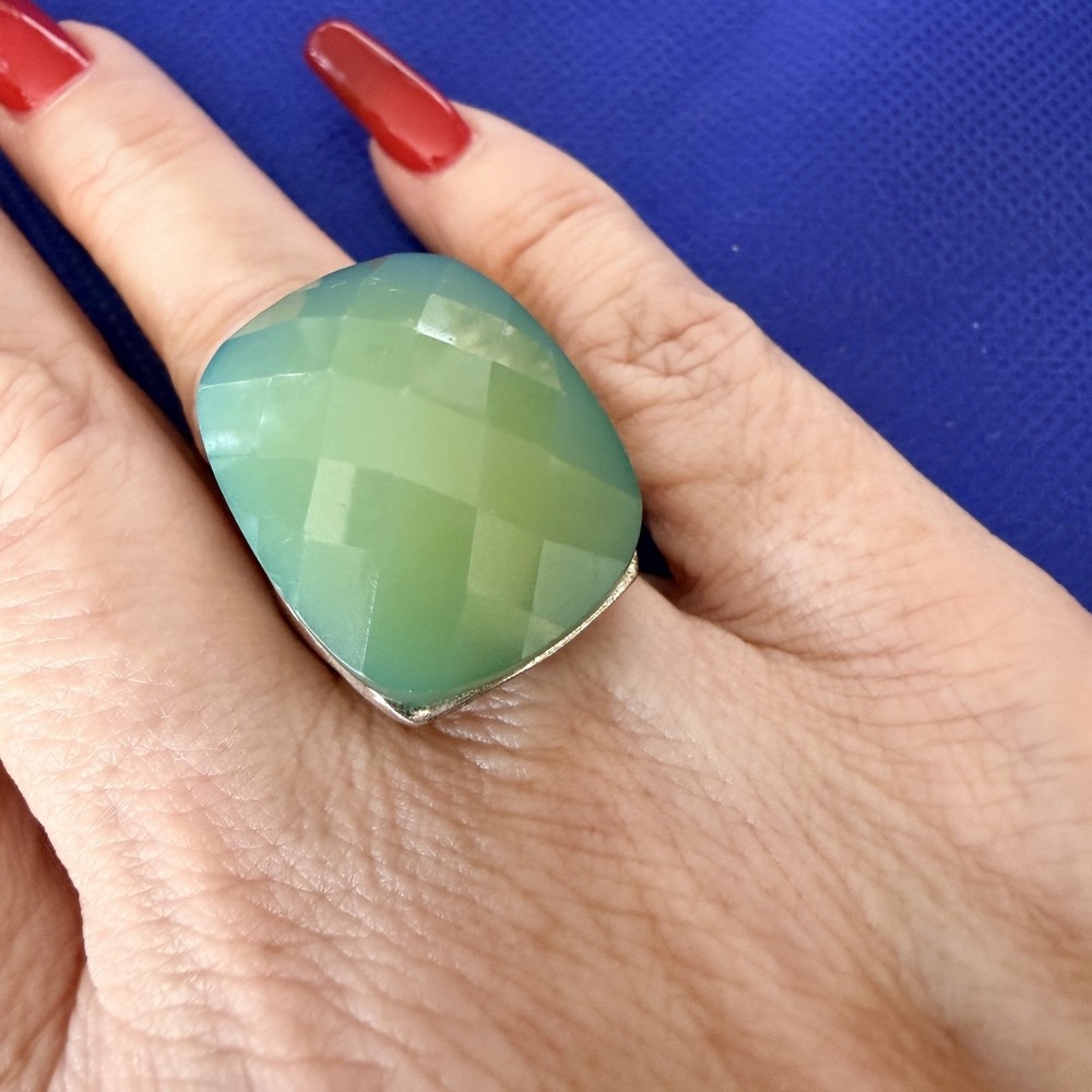 Silver Tone Large Green Stone Statement Cocktail Ring Womens Size 10 Chunky